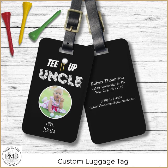 Étiquette À Bagage Tee It Up Oncle Fête des pères photo personnalisée (Tee It Up Uncle Custom Father's Day Black Luggage Tag with Child or Pet Photo, Contact Info.)