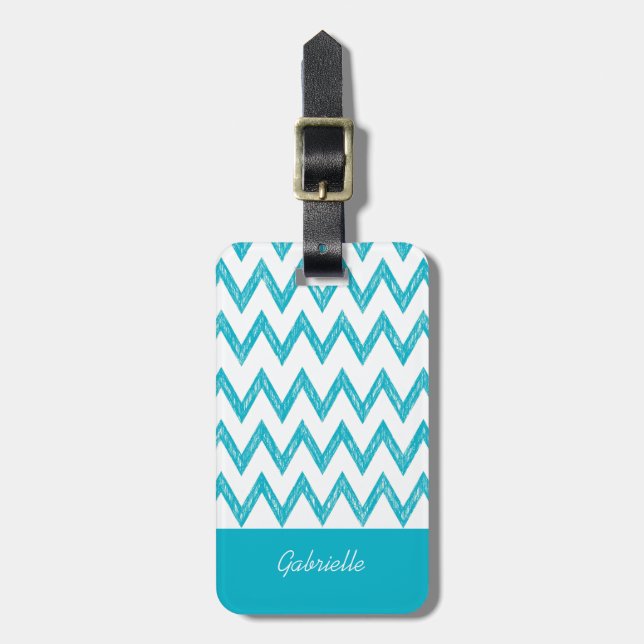Étiquette À Bagage Tendance Crayon Turquoise Chevron Zigzags Avec Nom (Devant Vertical)