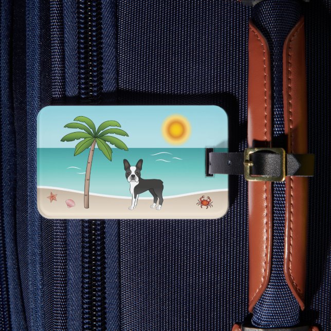 Étiquette À Bagage Terrier de Boston noir sur une plage tropicale d'é (Insitu Rectoal 4)