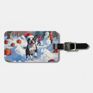 Étiquette À Bagage Terrier de Boston Scène de neige festive de Noël