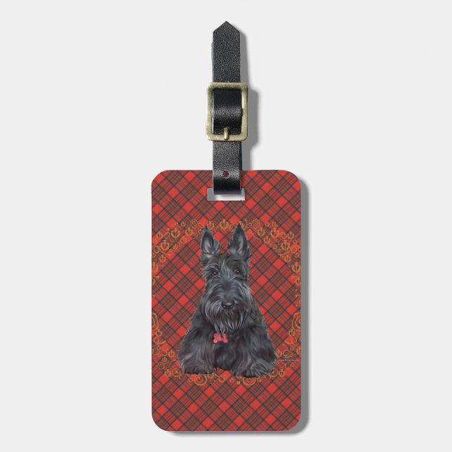 Étiquette À Bagage Terrier Écossais sur Tartan (Devant Vertical)