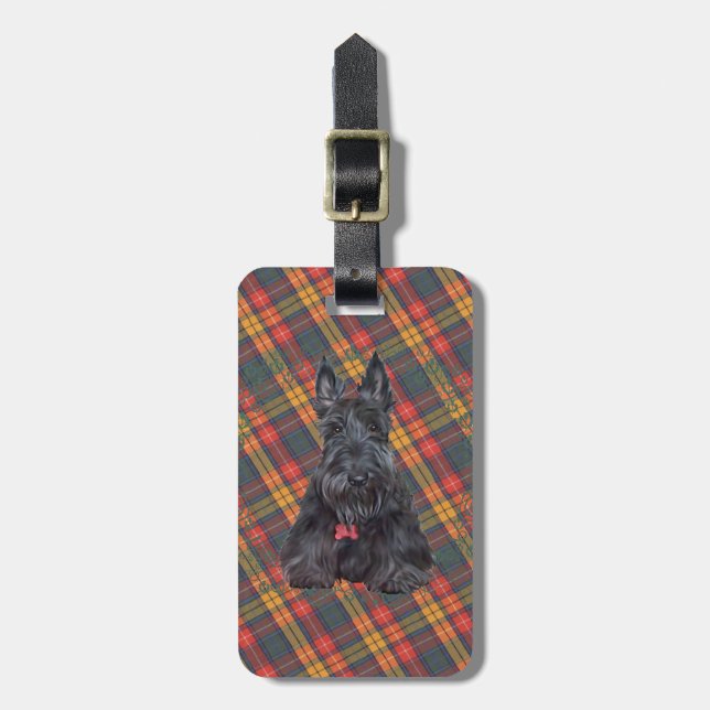 Étiquette À Bagage Terrier Écossais sur Tartan (Devant Vertical)