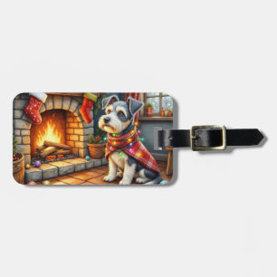 Étiquette À Bagage Terrier Tchèque Cheminée avec Lumières de Noël