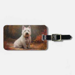 Étiquette À Bagage Terrier West Highland White dans les feuilles d'au