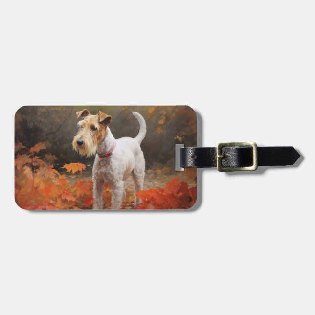 Étiquette À Bagage Terrier Wirefox dans les feuilles d'automne chute  (Devant horizontal)