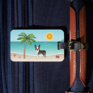 Étiquette À Bagage Tervueren Boston Terrier sur une plage tropicale e