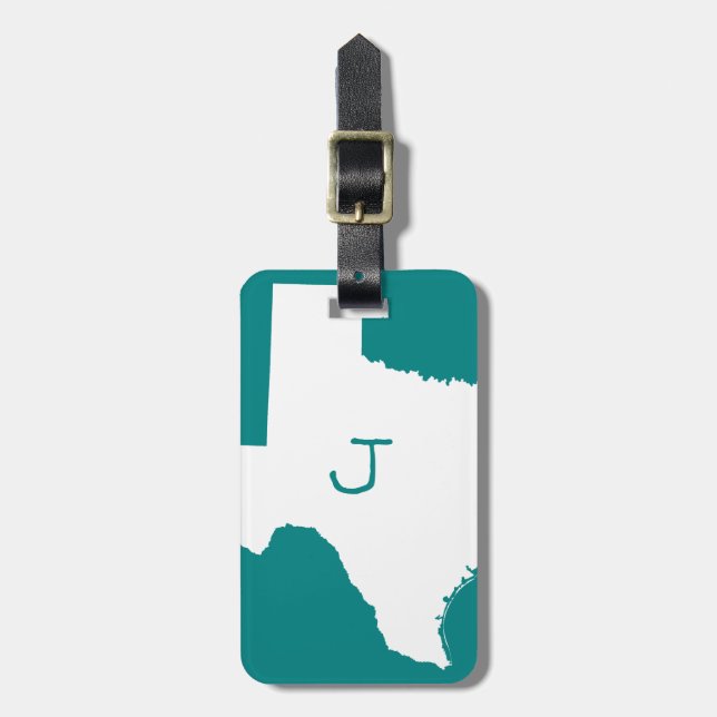 Étiquette À Bagage Texas sarcelle et blanc monogrammé (Devant Vertical)
