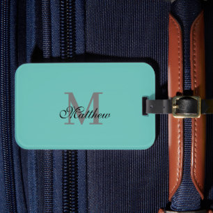 Étiquette À Bagage Texte initial et nom personnalisé turquoise