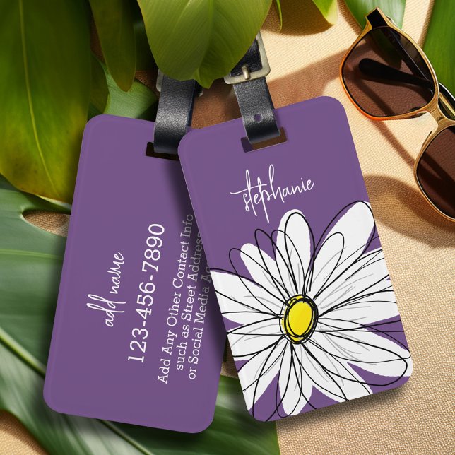 Étiquette À Bagage Texte personnalisé marguerite mauve et jaune (Whimsical Daisy personalized luggage tag)