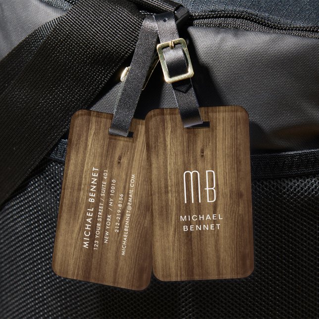 Étiquette À Bagage Texture de bois faux marron Monogramme (Monogram Brown Faux Wood Texture Luggage Tag)