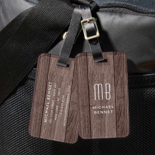 Étiquette À Bagage Texture de faux bois brun monogrammé (Monogrammed Brown Faux Wood Texture Luggage Tag)