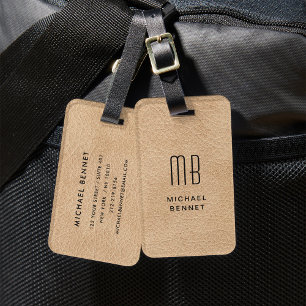 Étiquette À Bagage Texture de faux cuir beige élégant avec monogramme
