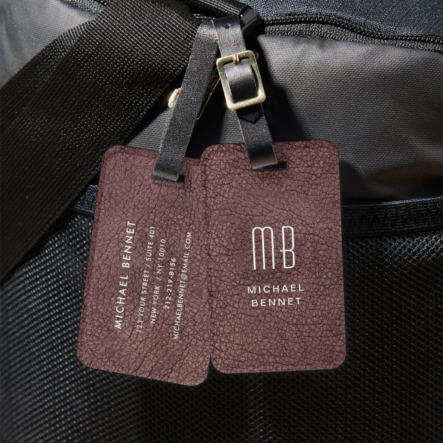Étiquette À Bagage Texture de faux cuir marron Monogram (Monogram Brown Faux Leather Texture Luggage Tag)