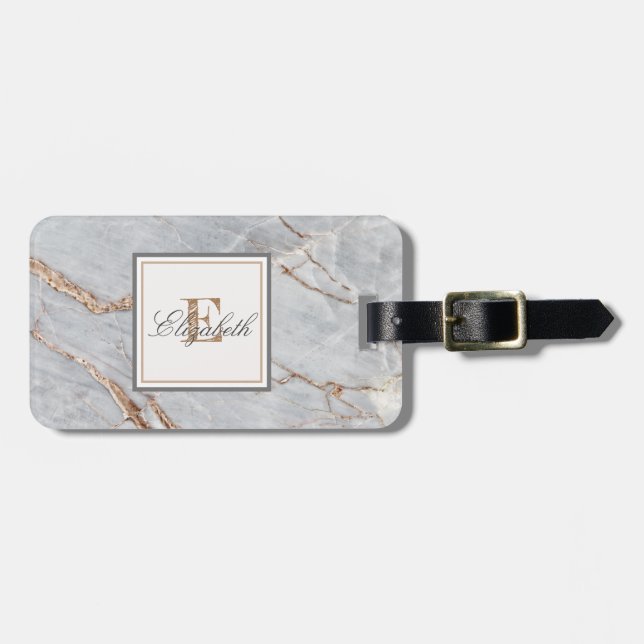 Étiquette À Bagage Texture de marbre de pierre tendance, monogramme (Devant horizontal)