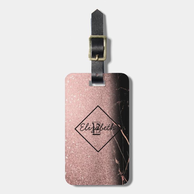 Étiquette À Bagage Texture de marbre, Parties scintillant Monogramme  (Devant Vertical)