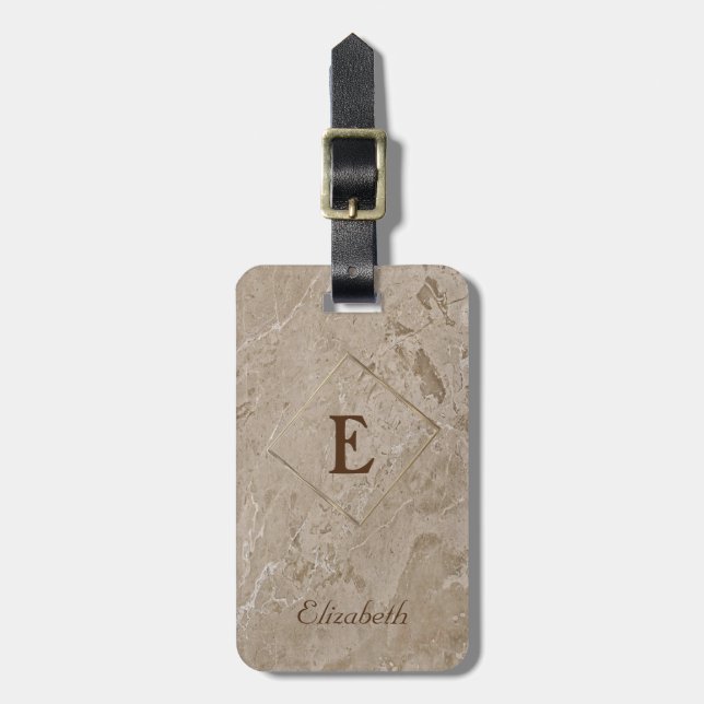 Étiquette À Bagage Texture de marbre tendance, monogramme personnalis (Devant Vertical)