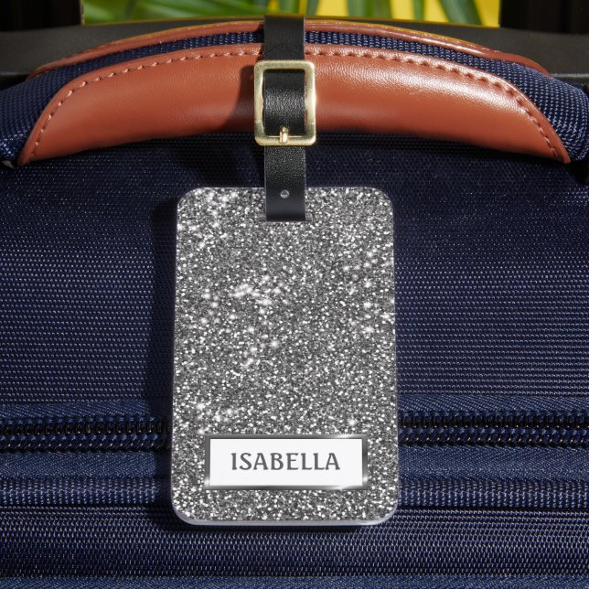 Étiquette À Bagage Texture de paillettes argentées fausses et texte p (Insitu Rectoal 2)