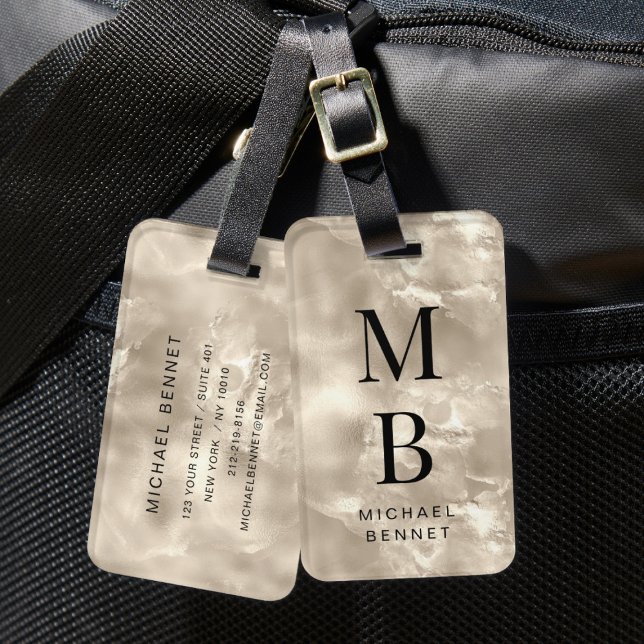 Étiquette À Bagage Texture de perle de champagne élégante monogrammée (Elegant Monogrammed Champagne Pearl Texture Luggage Tag)