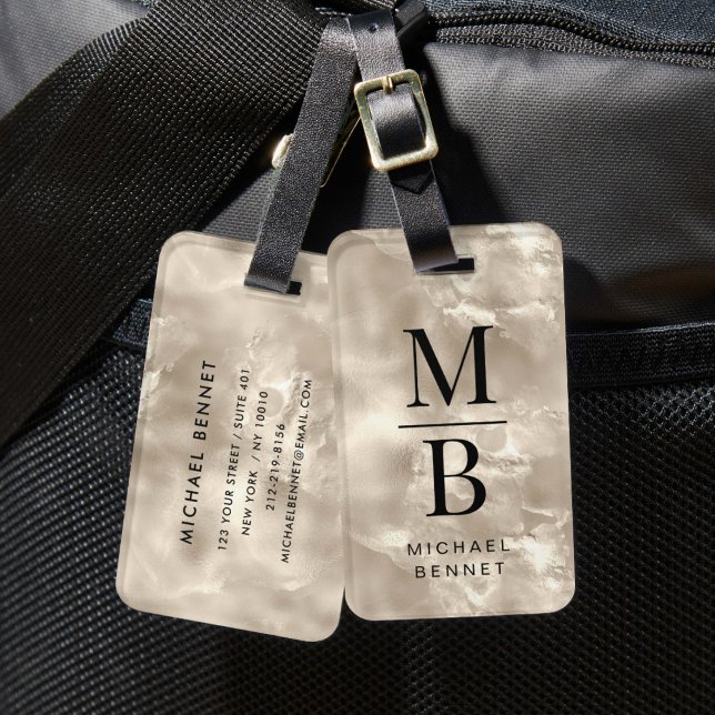 Étiquette À Bagage Texture de perle ivoire élégante avec monogramme (Elegant Monogrammed Ivory Pearl Texture Luggage Tag)