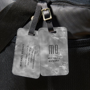 Étiquette À Bagage Texture d'encre liquide gris argent élégant monogr
