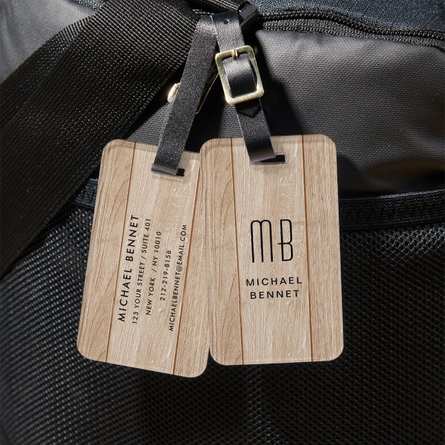 Étiquette À Bagage Texture en bois de Faux monogramme (Monogrammed Faux Wood Texture Luggage Tag)
