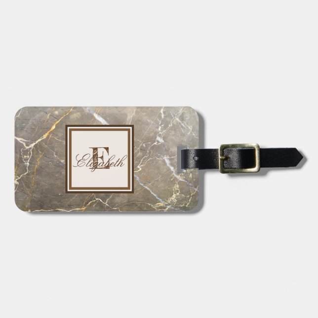 Étiquette À Bagage Texture Marbre Marron Foncé, Monogramme-Personnali (Devant horizontal)