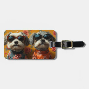 Étiquette À Bagage Tibetan Terrier avec Roses du cœur Saint-Valentin