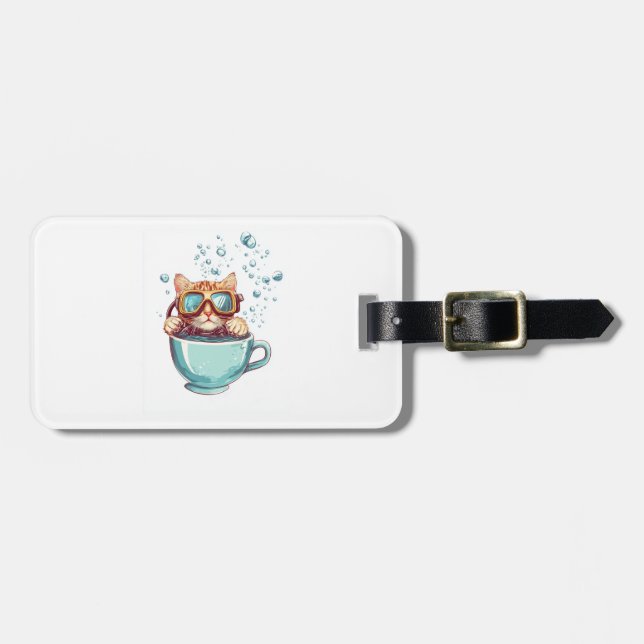 Étiquette À Bagage Tiny Diver Cat � Funny Scuba Kitty Tea Lover (Devant horizontal)