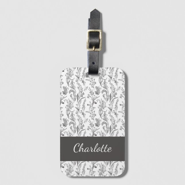 Étiquette À Bagage Toile Florale Noir Blanc Nom Personnalisé (Devant Vertical)