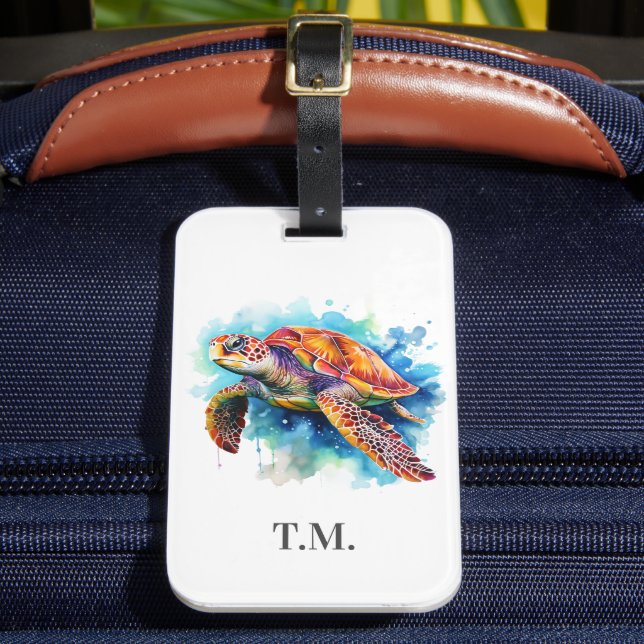 Étiquette À Bagage Tortue à aquarelle et monogramme (Insitu Rectoal 2)