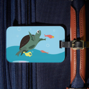 Étiquette À Bagage Tortue de mer mignonne sous l'art marin