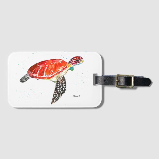 Étiquette À Bagage Tortue de mer Plage Aquarelle Océan sous l'eau (Devant Horizontal)