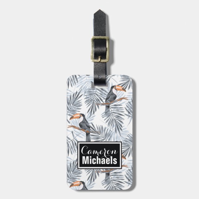 Étiquette À Bagage Toucan gris nommé fait sur commande (Devant Vertical)
