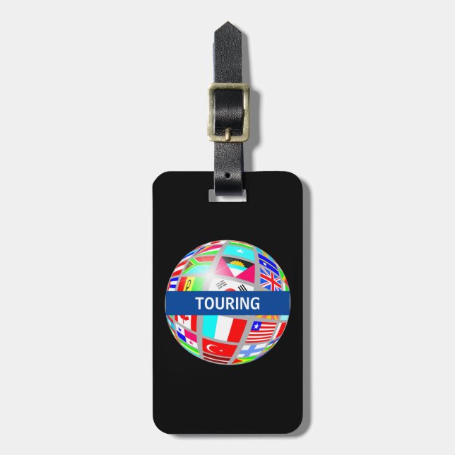 Étiquette À Bagage Tour du globe terrestre et drapeaux sur fond noir (Devant Vertical)
