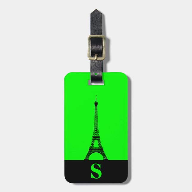 Étiquette À Bagage Tour Eiffel à monogramme avec rayure sur fond vert (Devant Vertical)