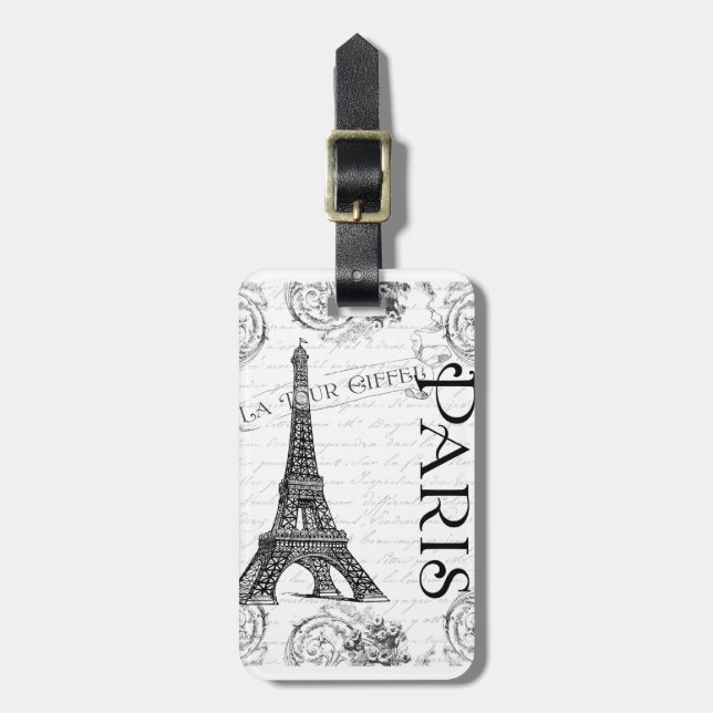 Étiquette À Bagage Tour Eiffel en noir et blanc (Devant Vertical)