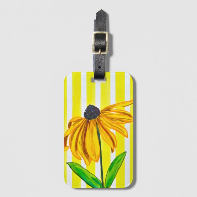 Étiquette À Bagage Tourisme Tournesol Jaune Clair & Rayures (Devant Vertical)