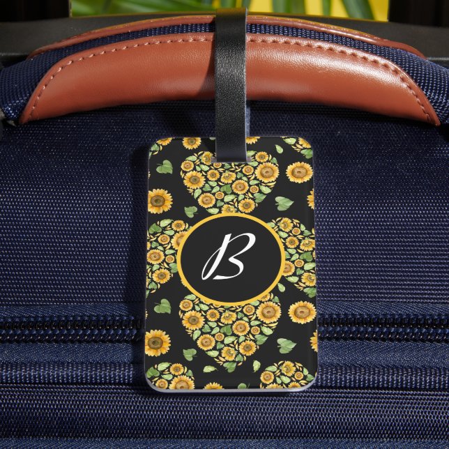 Étiquette À Bagage Tournesol jaune avec monogramme personnalisable (Verso Insitu 4)