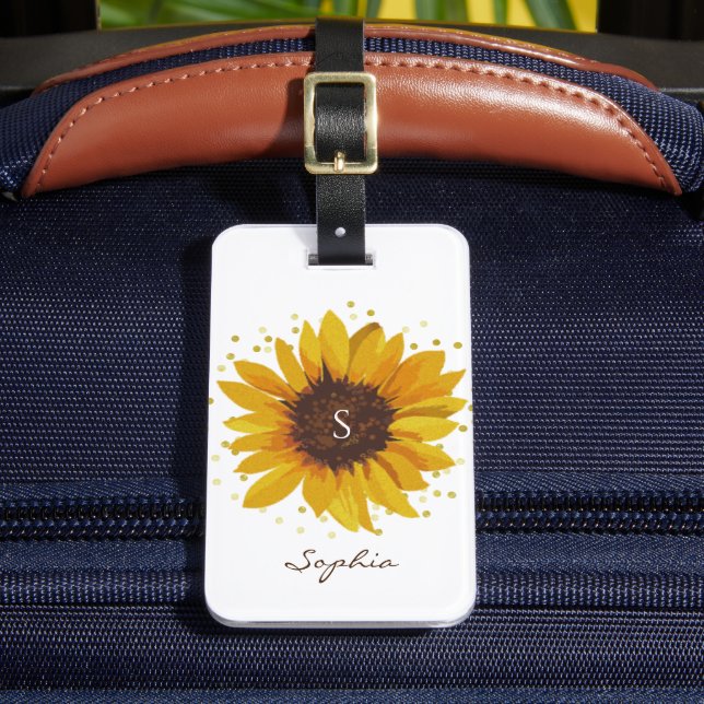 Étiquette À Bagage Tournesol Monogramme avec Points de Feuille d'Or (Insitu Rectoal 2)