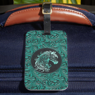 Étiquette À Bagage Tourquoise cowgirl floral à outils cuir tête de ch