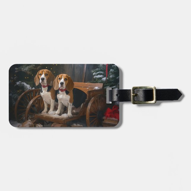 Étiquette À Bagage Traîneau enneigé de Beagle Décor de Noël (Devant horizontal)