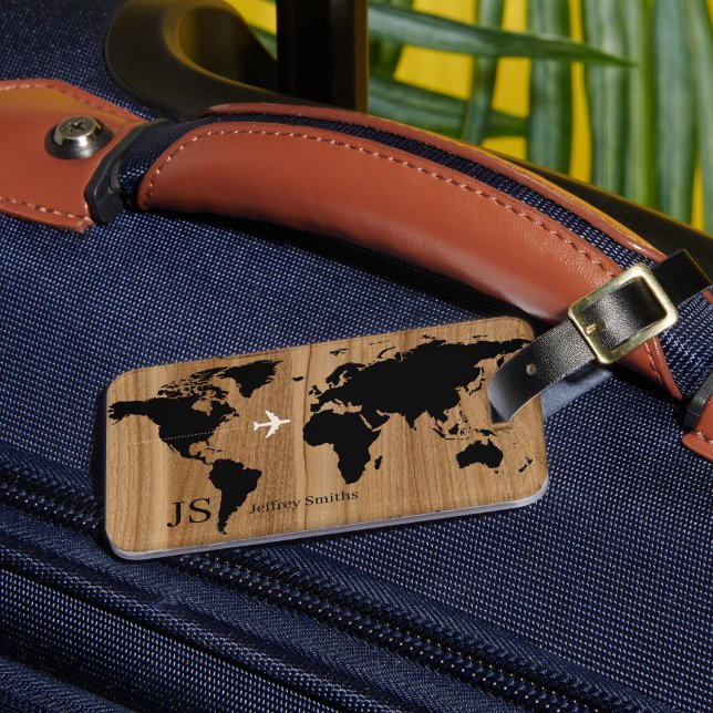 Étiquette À Bagage Travel Wood World Carte personnalisée (Créateur téléchargé)