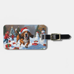 Étiquette À Bagage Treeing Walker Coonhound enneigé avec un chapeau d
