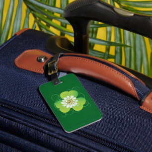 Étiquette À Bagage Trèfle à quatre feuilles vert avec floraison blanc