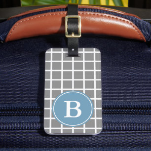 Étiquette À Bagage Trellis blanc sur le monogramme gris de bleu de la