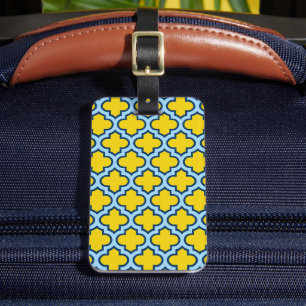 Étiquette À Bagage Trellis jaune et bleu bébé, treillis, Quatrefoil