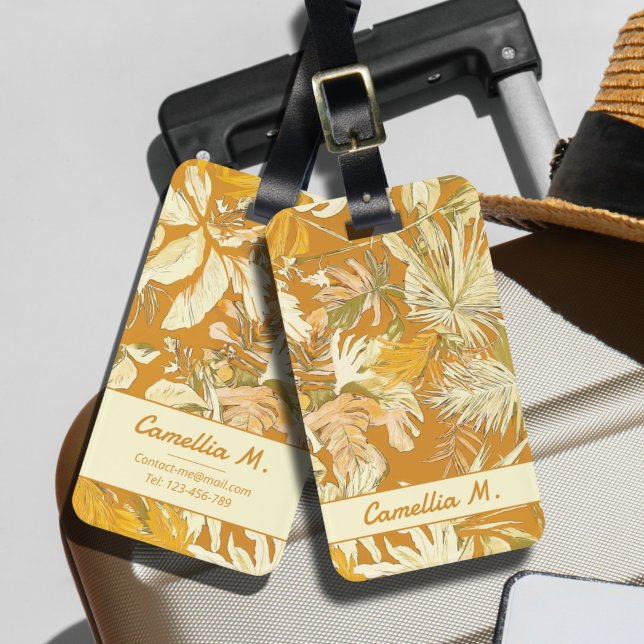 Étiquette À Bagage Trendy Custom Tropical Leaf Jaune Art Moderne (The modern yellow tropical leaves luggage tag customize design was inspired by a rainforest in Asia.)