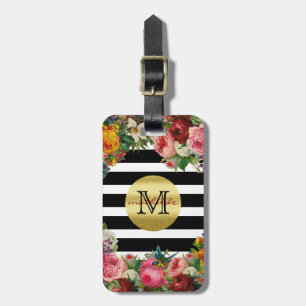 Étiquette À Bagage Trendy Monogram Stripes Rose Fleurs Parties scinti