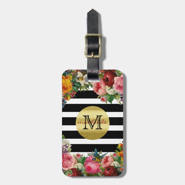 Étiquette À Bagage Trendy Monogram Stripes Rose Fleurs Parties scinti (Devant Vertical)