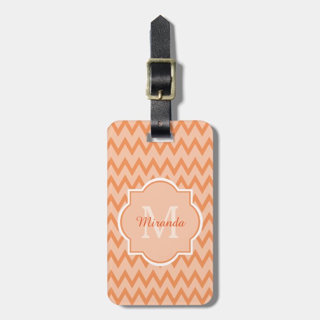 Étiquette À Bagage Trendy Orange Chevron Zigzag Nom et Monogramme (Devant Vertical)